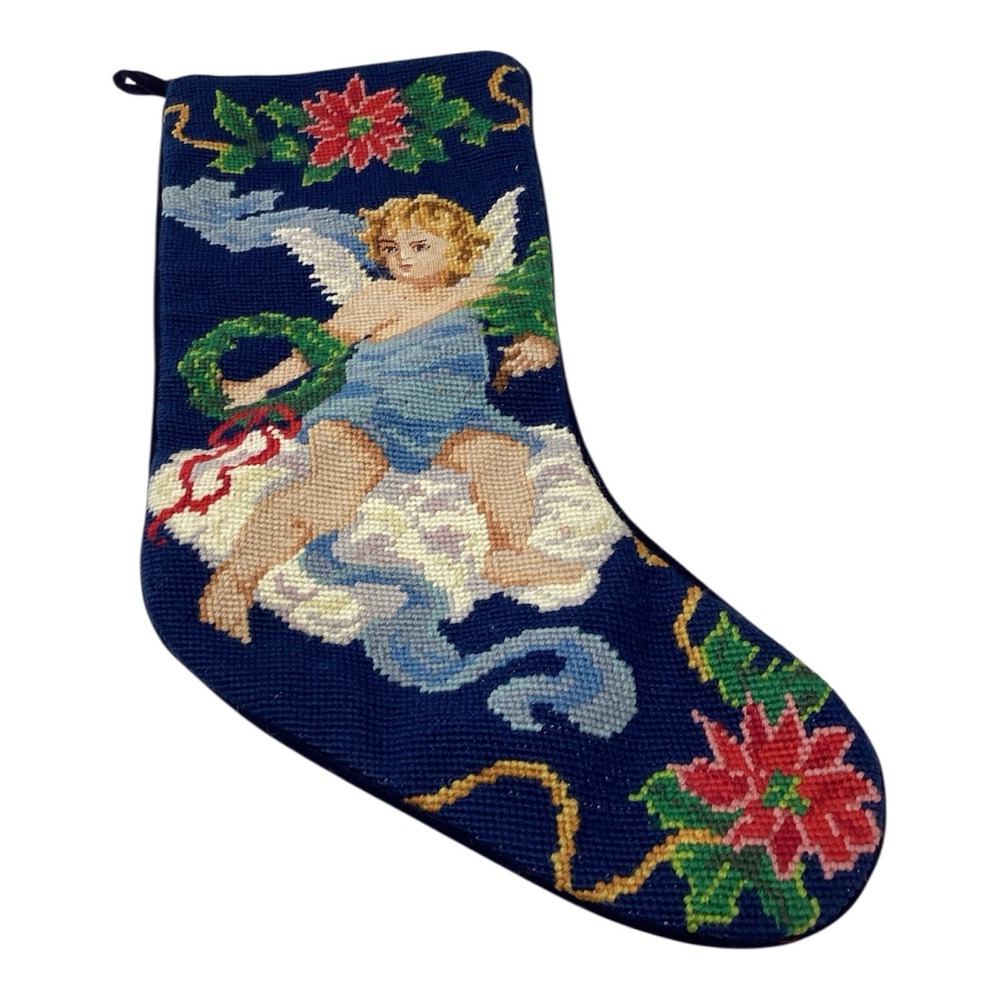 Handmade Needlepoint Angel Cupid Christmas Stocking Petit Point Stitching